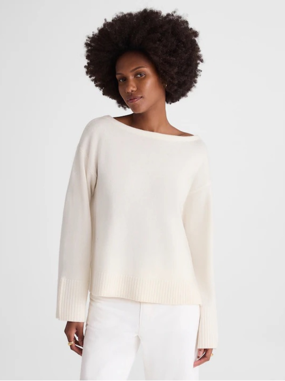 Madewell Wide-Cuff Boatneck Sweater in Merino Wool winter white Size M NWT